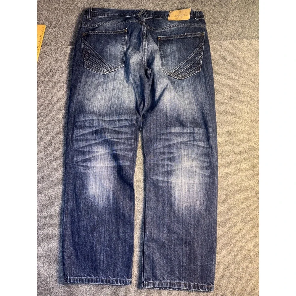 JEANIUS Akademiks Jeans Men 38 Blue Denim Stitch Distressed Stretch Straight Leg